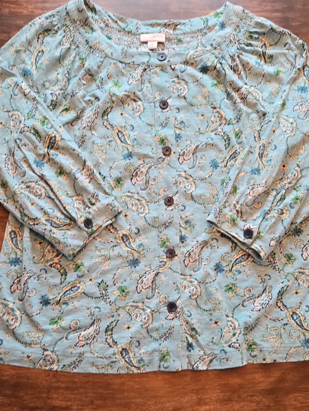 J. Jill Light Blue Paisley Button-Front Long Sleeve Tee